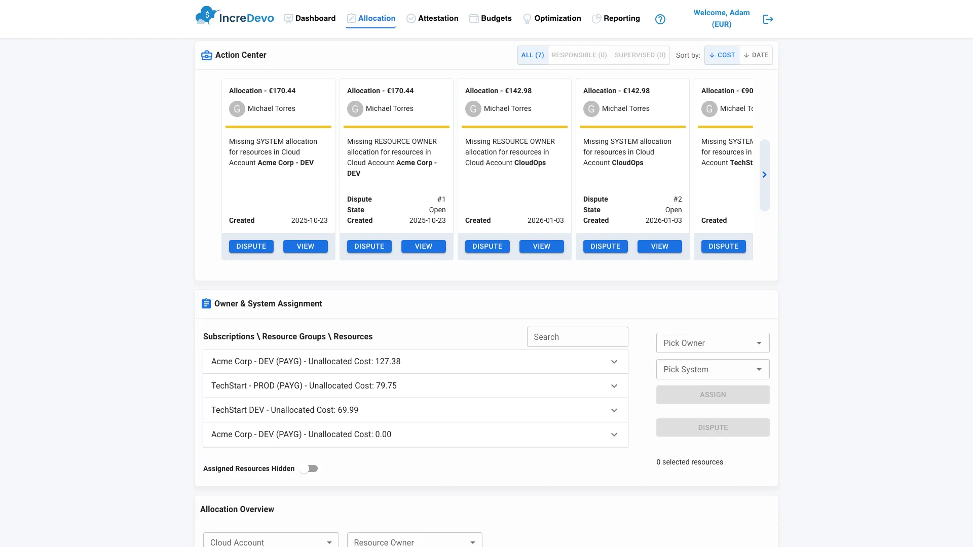 CloudCost allocation page showing resource owner assignment, unallocated costs per subscription, and allocation overview